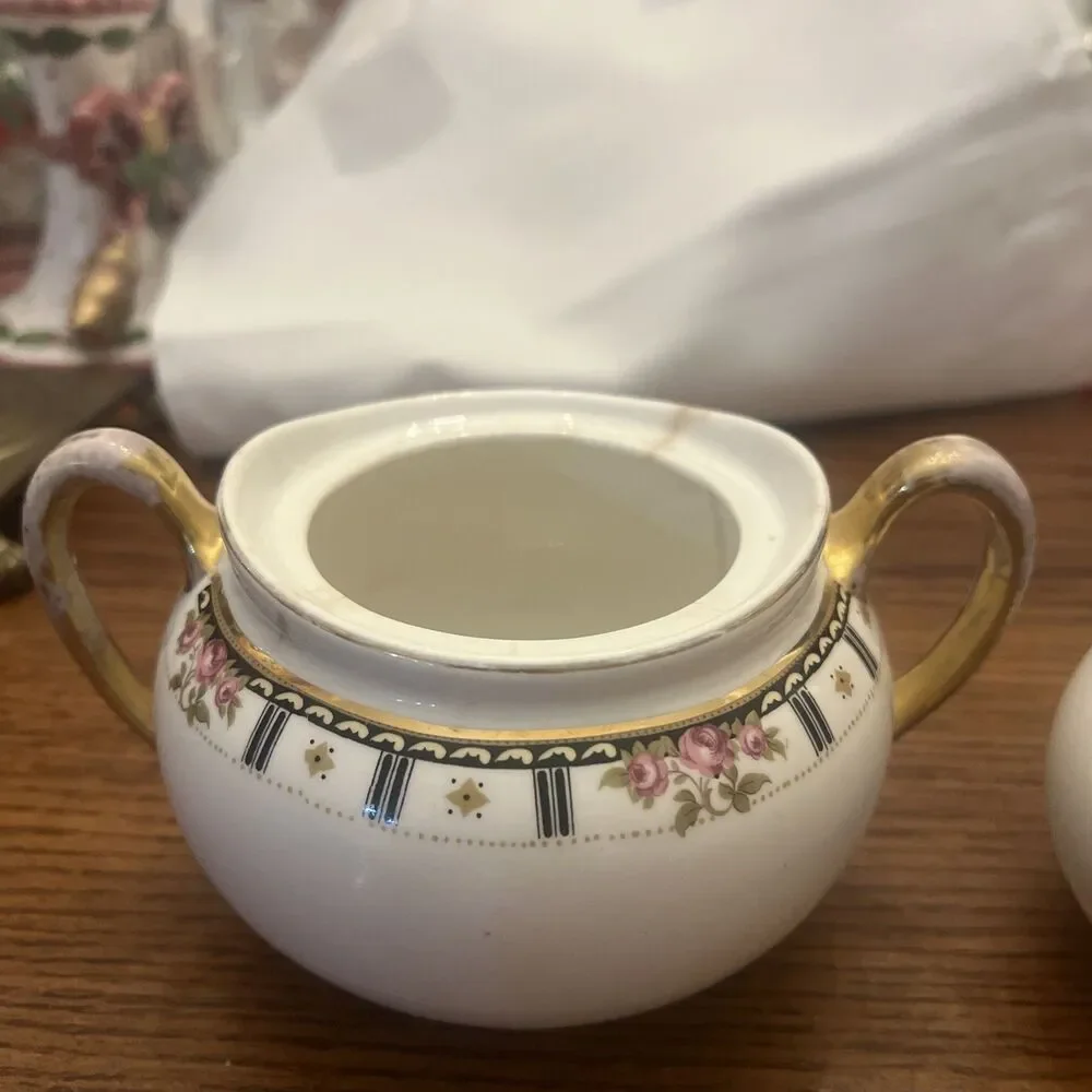 Vintage Cleveland China Sugar Bowl & creamer Bridal Rose Pattern Gold‎ & Crazing